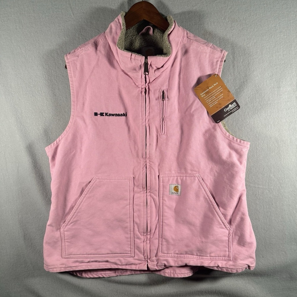 Y2K Carhartt Sherpa Lined Vest Womens XL Pink WV001 FPL Workwear Canvas Zip
